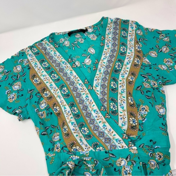 Zesica Teal Bohemian Floral Maxi Wrap Summer‎ Dress RuffleBottom Rayon Sz.Large - Picture 2 of 14